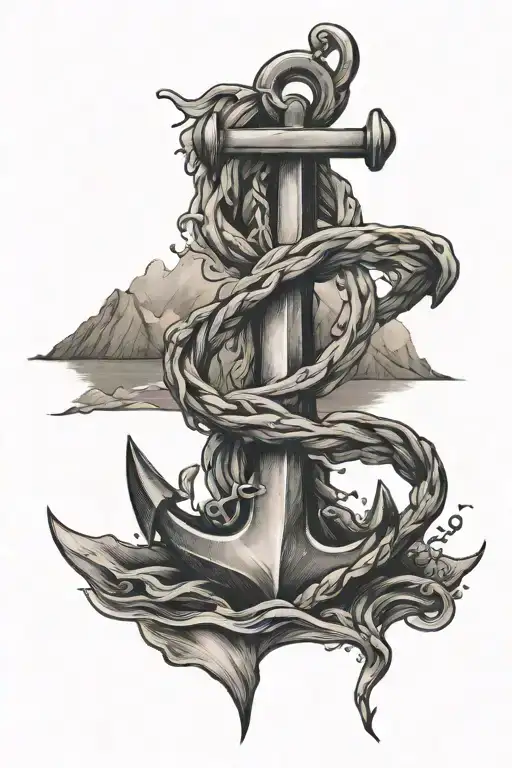 Anchor with mountains and sea waves tattoo design idea
