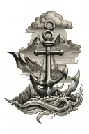 Anchor with mountains and sea waves tattoo design idea
