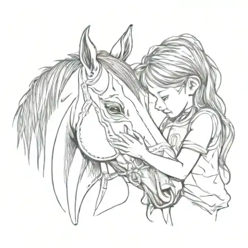 little girl hugging a horse head tattoo design idea