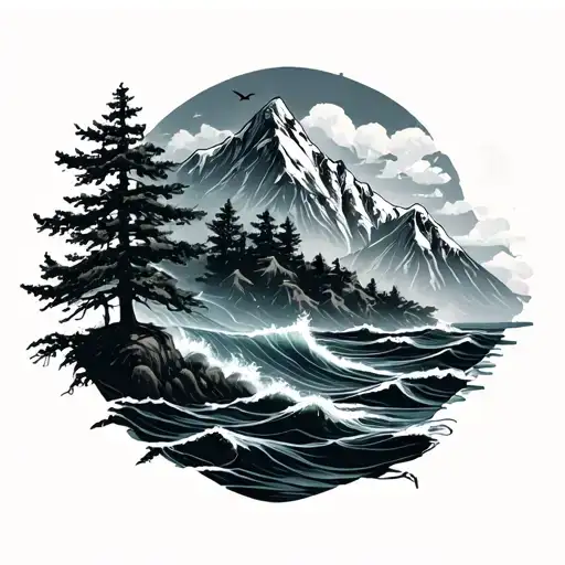 mountain birds trees ocean tattoo design idea