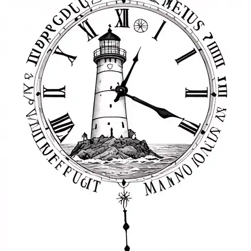 clock with text "TEMPUS FUGIT" above and "MEMENTO MORI" below and a lighthouse in the clock tattoo design idea