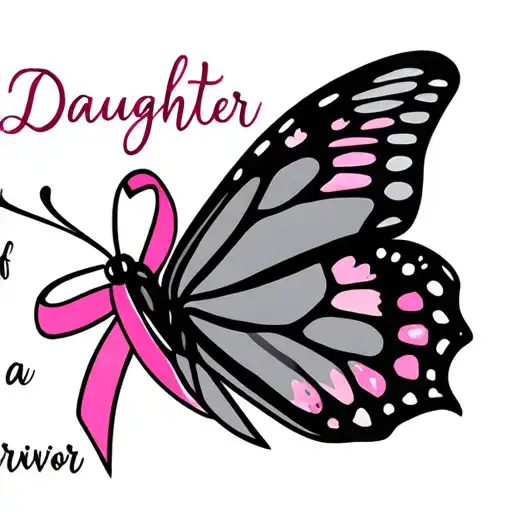 butterfly with breast cancer symbol with words that say daughter of a survivor in a straight line tattoo design idea