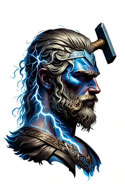 Inspiration in Nordic and Greek mythology, using elements like Thor with his hammer and lightning and Zeus with lightning, face tattoo design idea