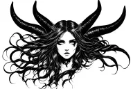 I want a tattoo of a female face, half a devil, with long hairs, some gothic style details, biceps tattoo design idea