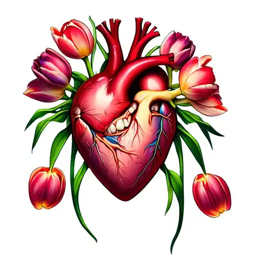 "Together in each beat 💓" heart anatomy with tulips and teeth of tattoo design idea