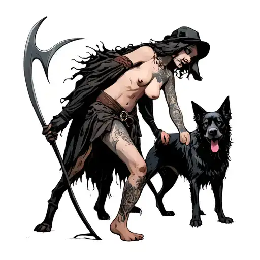 A naked girl who, in an outfit of death with a scythe in her hand and a hidden cap with a black dog with a shepherd tattoo design idea