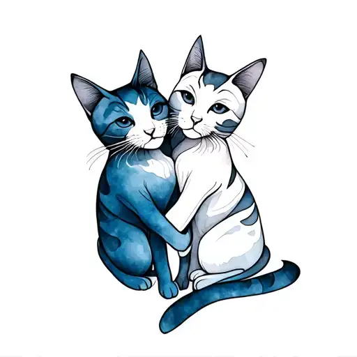 A detailed blackwork tattoo design of two cats hugging each other, their bodies outlined in fine black ink lines. Their  tattoo design idea