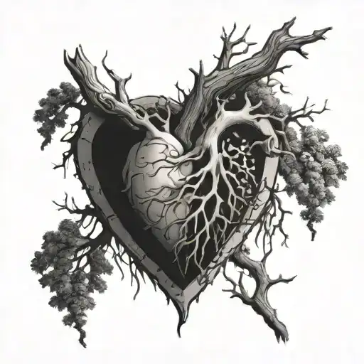 a carton heart hanging from a dead tree tattoo design idea