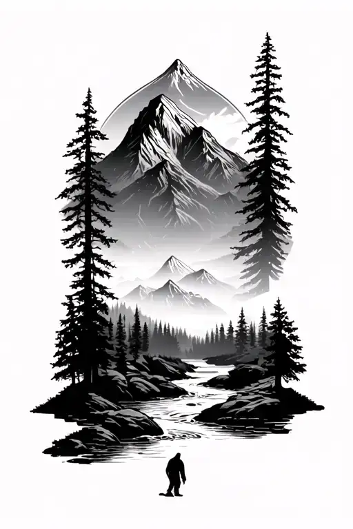 Forest With River Flowing And Mountain Range Silhouette With A Reaper Walking Through Valley Tattoo sleeve tattoo design idea