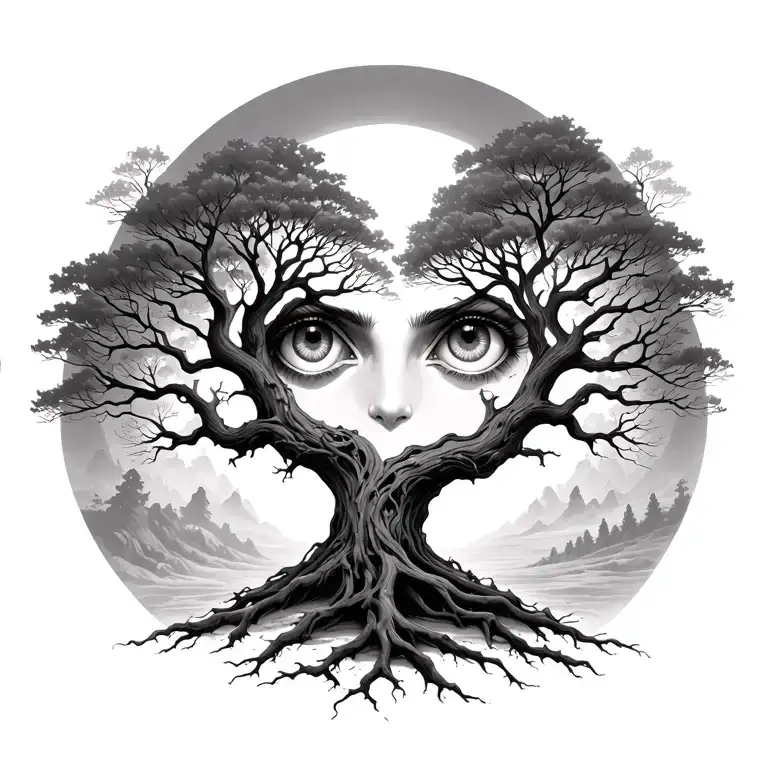 Yggdrasil tree with eyes looking out into distance tattoo design idea