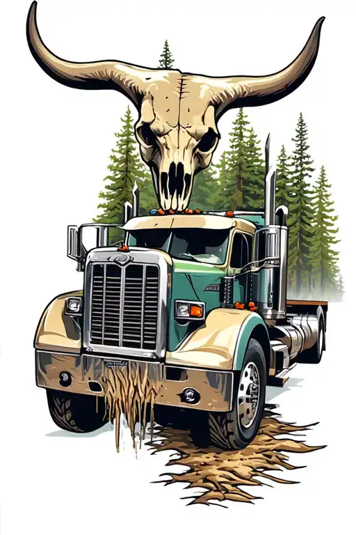 truck driving in the forest landscape western bull skull tattoo design idea