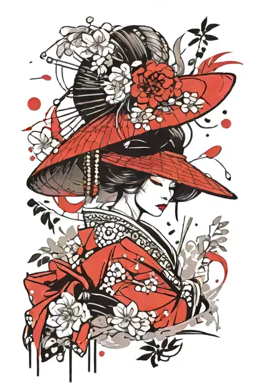 geisha using oriental straw hat holding a omamori amulet with floral filler tattoo design idea