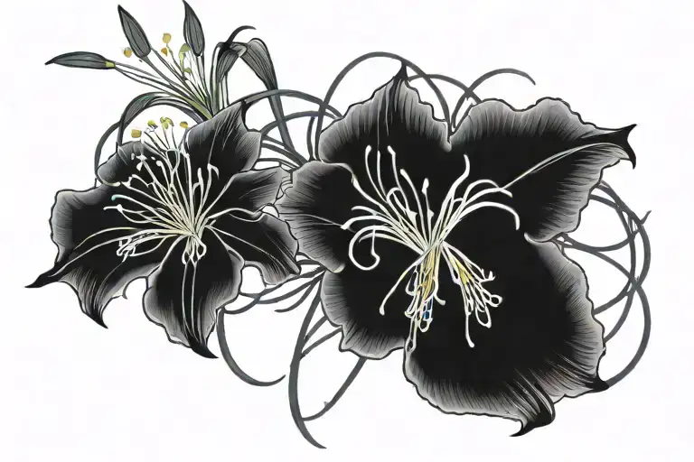 spider lilies with two handprints behind them. tattoo design idea