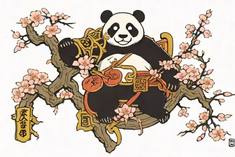 kungu fu panda with dragon warrior symbol and master ooways cherry blossom tree tattoo design idea