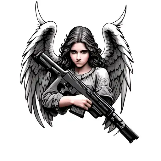 Angel Holding AK 47 tattoo design idea