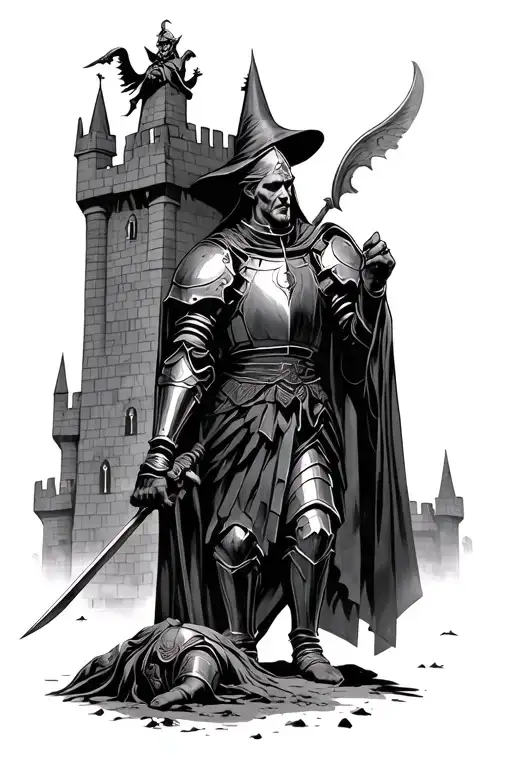 medievil castle in the background with a wizard above the castle and joan of arc in Knight's armor on the ground  tattoo design idea