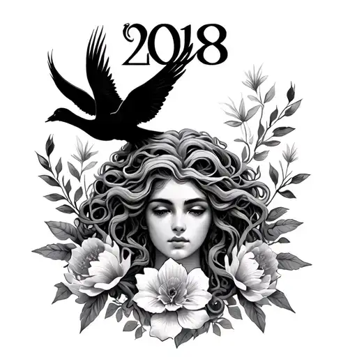 medusa, doves, flowers, and the year 2018 in roman numerals tattoo design idea
