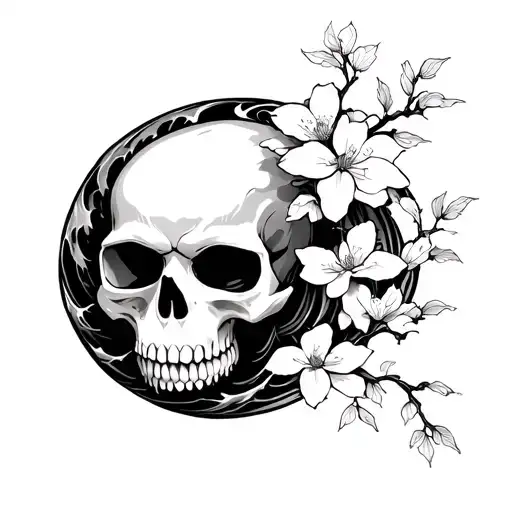 Japanese Samuri Skull cherry blossom wave tattoo design idea