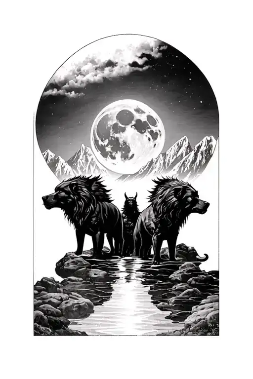 Hades Cerberus mountains in the background Moon tattoo design idea