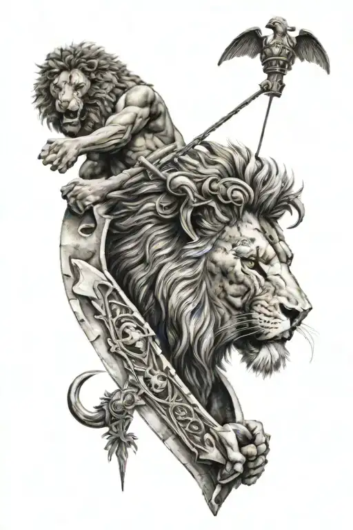 lion with scar rrunning down his eye surrounded by a spartan and a colleseum behind the spartan, add scars on spartan  tattoo design idea