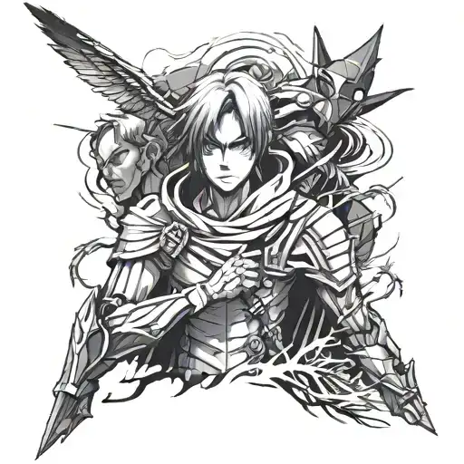 full sleeve tattoo inspired by different anime characters from attack on titan tattoo design idea