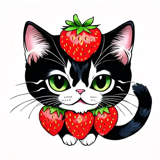 Dead, cat, strawberry, cock tattoo design idea