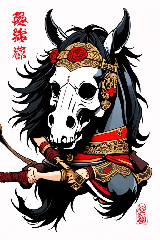"Zanshin" hachiman skull riding horse holding bow tattoo design idea