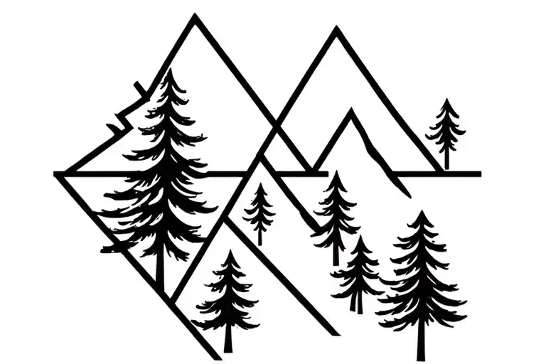 2 geometric triangles like mountains signifying parents and 3 simple pine trees representing children. very minimal tattoo design idea