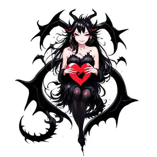 happy anime demon woman holding a shattered heart with a heart shaped black dragon surround tattoo design idea