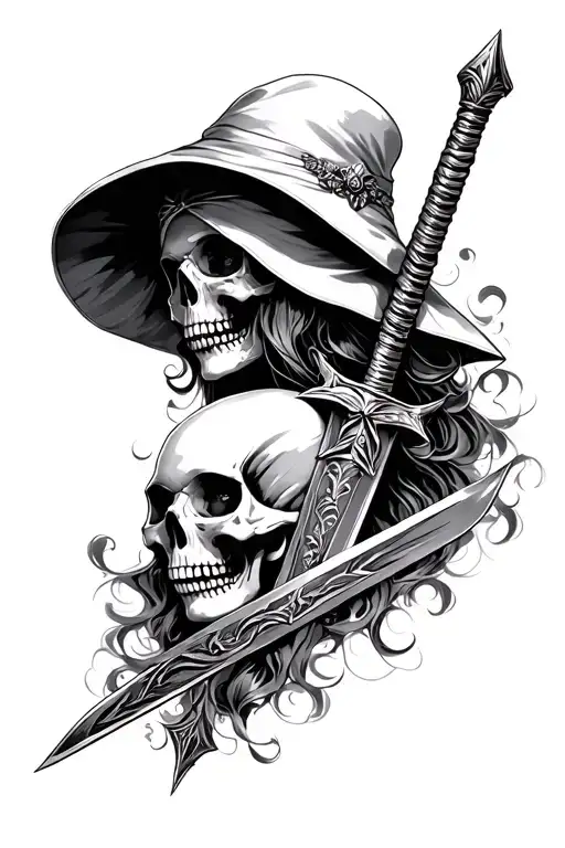 Skull and pretty girl with sword going tattoo design idea