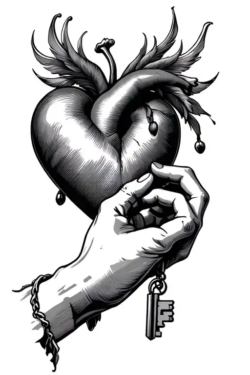 heart with hand and key unlocking tattoo design idea