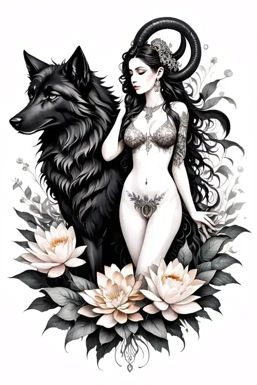 Aries sexy goddess surrounded by poeny and lotus flowers and black wolf  tattoo design idea