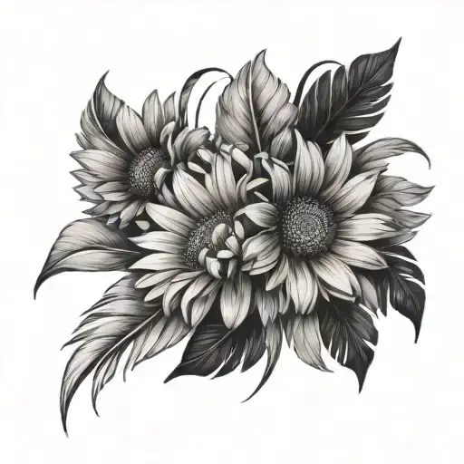 gerbera flower intertwined with feathers falling tattoo design idea