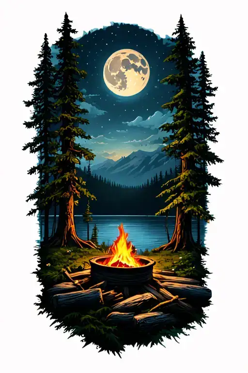forest, lake, cabin, fire pit, night time, full moon tattoo design idea