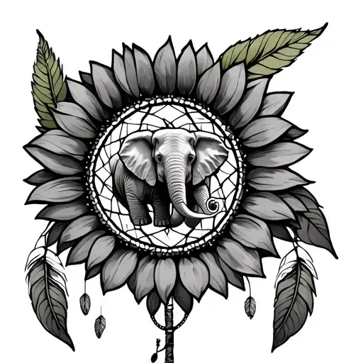 a sunflower designed with a dreamcatcher and a elephant in the middle of the dreamcatcher tattoo design idea