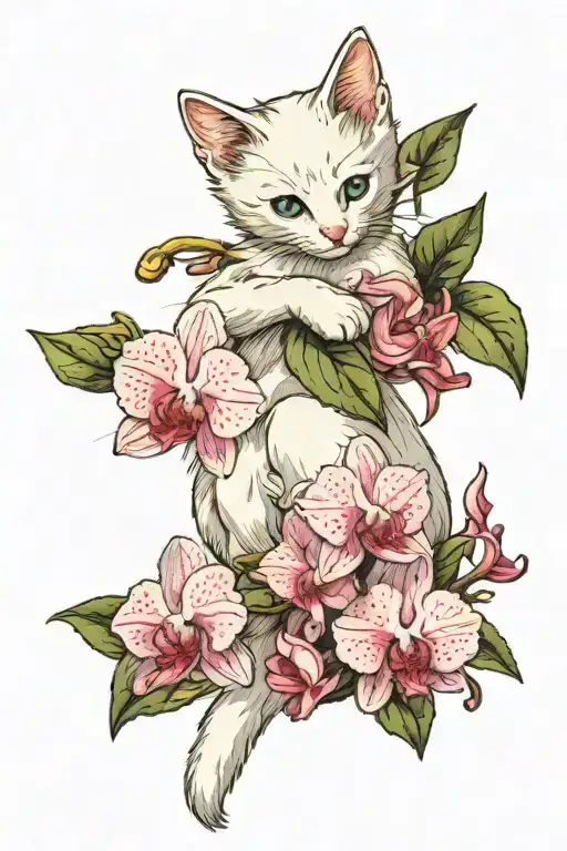 A white kitten sits with its back to me and sniffs an orchid branch, there are two spots on its back near its tail tattoo design idea