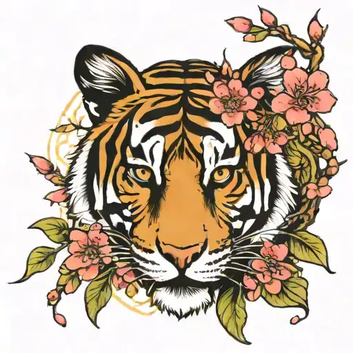 Tiger with Japanese cherry blossoms and tree vines  tattoo design idea