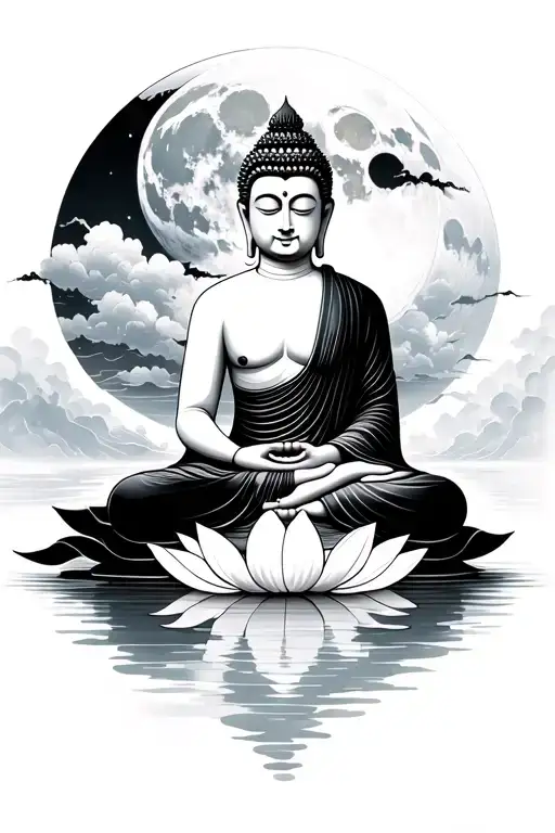 Buddha sitting on lotus flower with Japanese moon and ocean in the background  tattoo design idea
