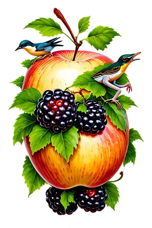 Adam's apple and blackberries intertwined with delicate vine, small gecko and birds  tattoo design idea