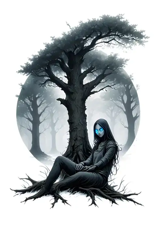 In a foggy, dreamy forest, a mysterious figure sits under an old tree - a 'soul-searcher'. Its eyes shine with a blue-vi tattoo design idea