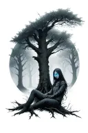 In a foggy, dreamy forest, a mysterious figure sits under an old tree - a 'soul-searcher'. Its eyes shine with a blue-vi tattoo design idea