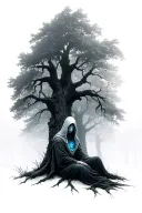 In a foggy, dreamy forest, a mysterious figure sits under an old tree - a 'soul-searcher'. Its eyes shine with a blue-vi tattoo design idea