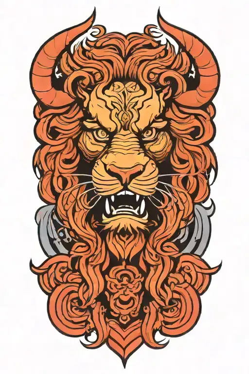 Japanese metal ox with a lion's mane in the background. tattoo design idea