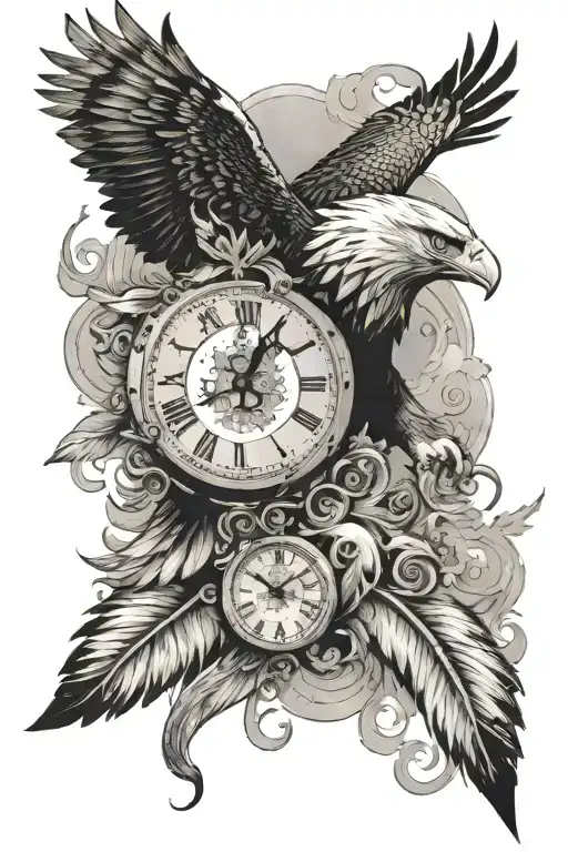 Eagle flying with smoke and a clock with feathers falling tattoo design idea