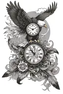 Eagle flying with smoke and a clock with feathers falling tattoo design idea