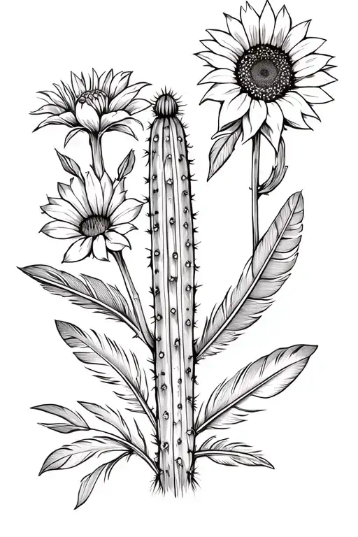 Red sagura cactus flower and sunflower combined with Indian feathers and art tattoo design idea