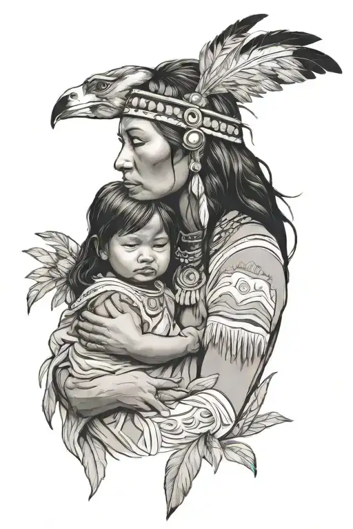 Native American mother holding daughter tattoo design idea
