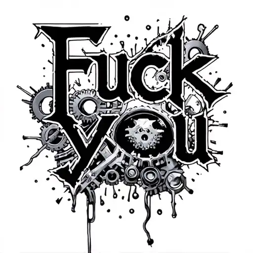 "Fuck you" Biomechanics, metal parts, gears, pipes, wires, torn skin effect,  realism, black and gray color scheme.  tattoo design idea