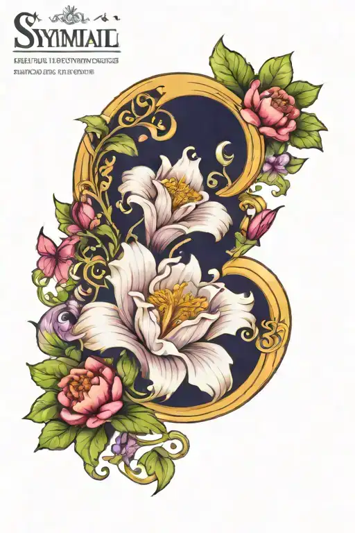 art nouveau, crescent moon, symmetrical floral bouquet, violets, curved motifs tattoo design idea