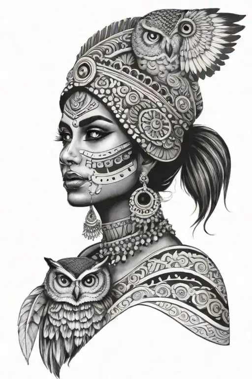 Indian woman and owl tattoo design idea